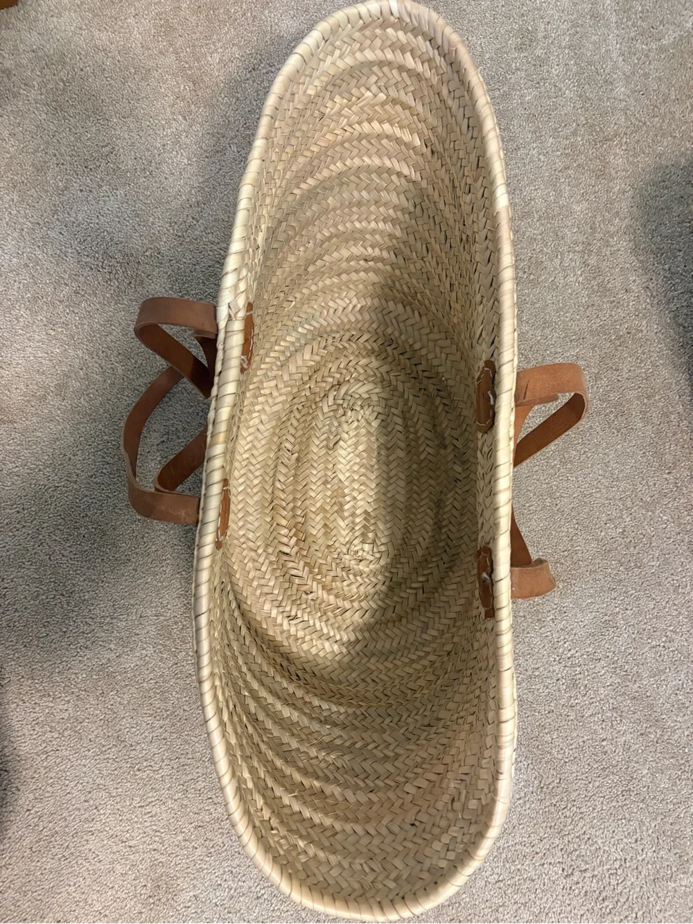 Woven Straw Tote Bag with Brown Leather Handles - Picture 3 of 4